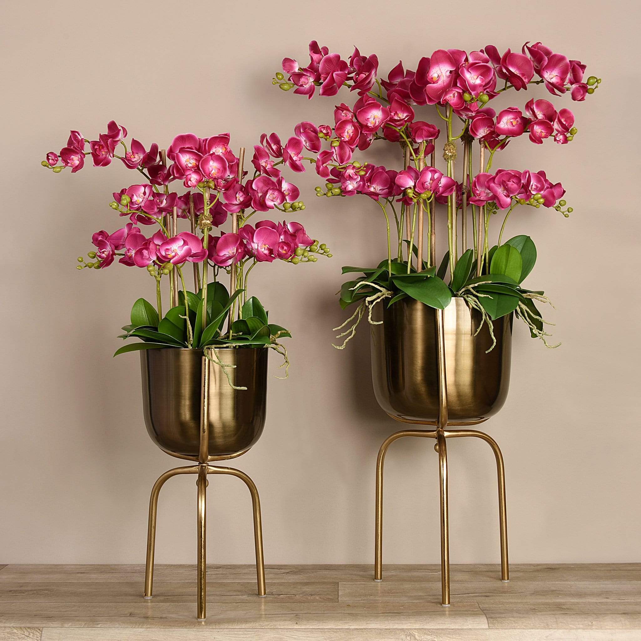 Artificial Orchid Arrangement in Gold Standing Vase - Bloomr