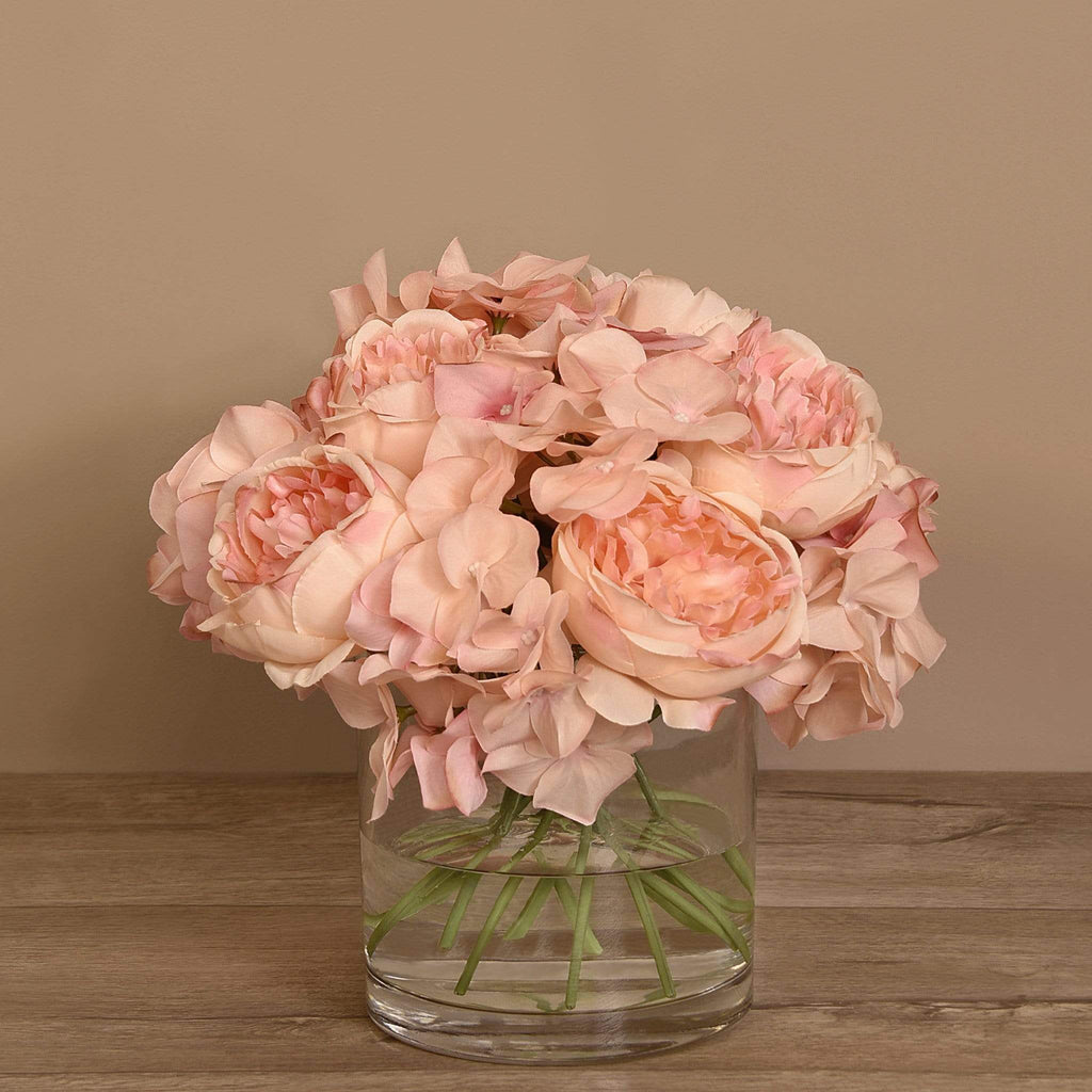 Rose & Hydrangea Arrangement in Glass Vase - Bloomr